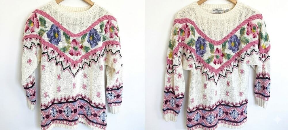 Vtg 80s Jennifer Reed Hand Knit Floral Sweater Cottagecore Intarsia Medium M